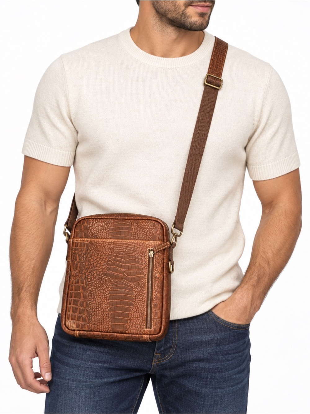 Jack Georges Genuine Leather Croc Embossed Messenger Crossbody/Sling Bag Brown